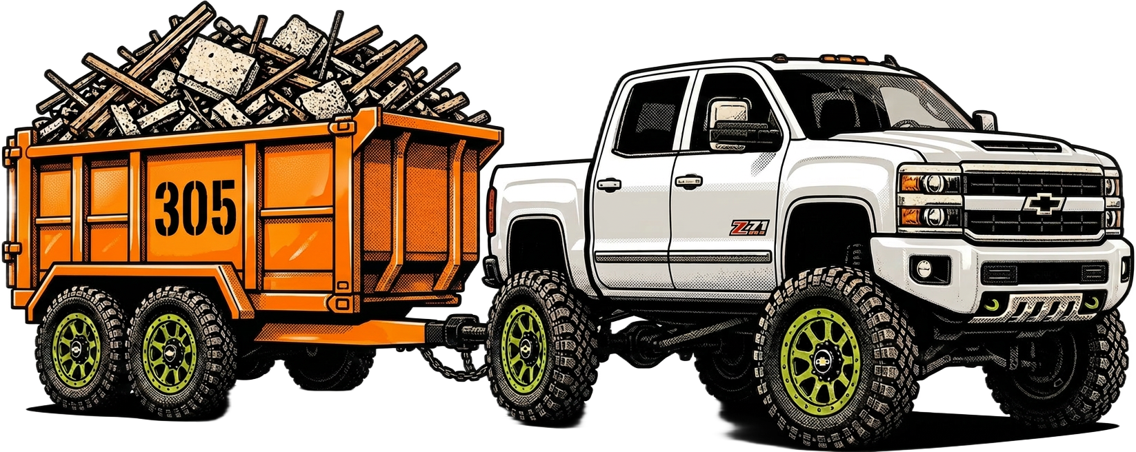 305 Dump & Haul rig — lifted truck towing a loaded dump trailer
